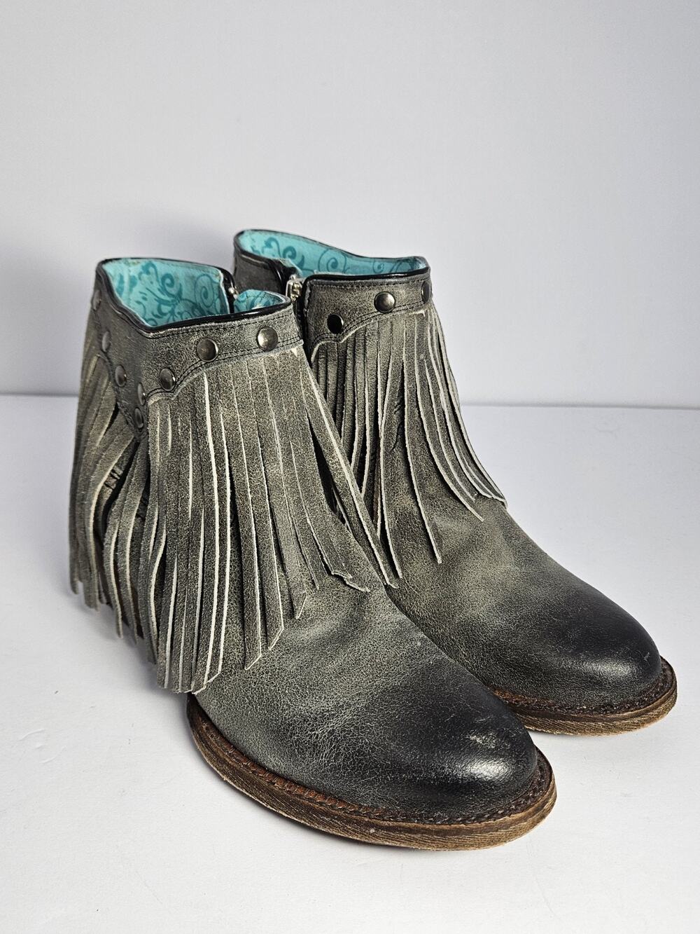 Corral Vintage Gray Leather Fringe Ankle Boots Women's Size 7.5 M A3136 Zip